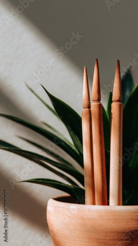 Natural Green Plant with Wooden Pottery Tools in Bright Light