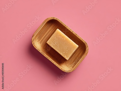 Natural Beige Soap Bar on Wooden Dish Over Pink Background