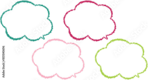 Colorful speech bubbles.  Each bubble has a "fuzzy" or "textured" outline, giving it a hand-drawn, crayon, or chalk-like appearance.　Each bubble features a different vibrant color.