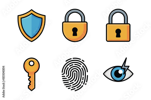 Cyber Security and Data Protection Icons Featuring Padlock Shield and Biometric Scanning