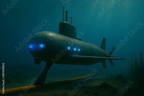 Futuristic underwater robot submarine gripping a thick yellow cable on the ocean floor, glowing blue lights and aquatic vegetation visible, showing deep-sea tech in action.