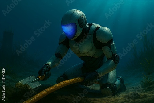 Humanoid robot kneeling on ocean floor, inspecting thick yellow cable with trowel in hand, in dim underwater scene with aquatic plants and filtered light.