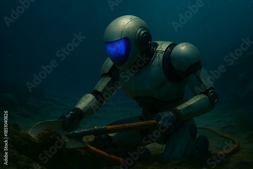 Humanoid robot kneeling on ocean floor, digging sediment with shovel, connected to orange cable, in deep underwater environment.