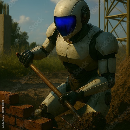 Humanoid robot digging soil with shovel near brick wall at outdoor construction site, surrounded by rebar and metal framework.