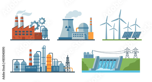Various energy power plants generating different types of electricity