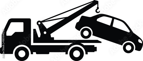 Modern solid icon showing a specialized recovery truck with a car hoist to denote professional breakdown services, impoundment procedures, and logistics transport.
