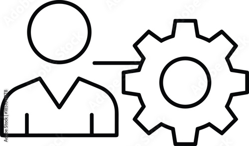 Simple outline graphic design depicting a person icon alongside an industrial cog used for illustrating account preferences, administrative controls, and profile engineering tasks.