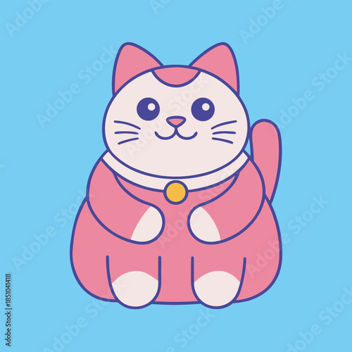 A charming illustration of a pink maneki neko a beckoning lucky cat with a joyful expression and raised paw