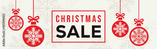 Elegant Christmas sale banner with white background, bold SALE typography and end of season text, decorated with red hanging snowflake baubles and subtle snowflake pattern, perfect for winter retail.