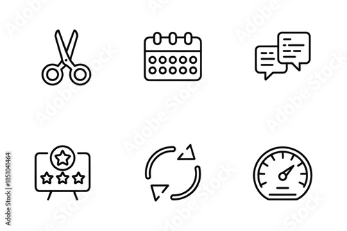 Business productivity and office management line icons including calendar, chat, and feedback rating board.