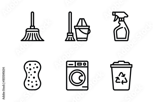 House cleaning and laundry service line icons with washing machine, broom, spray bottle, and recycling.