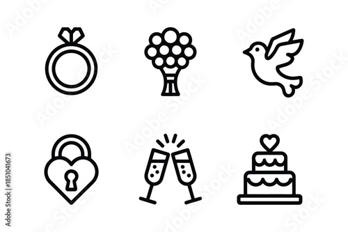 Wedding celebration and romantic event line icons set with engagement ring, cake, bouquet, and dove.