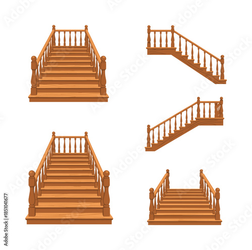 Wooden staircase elements set for interior design