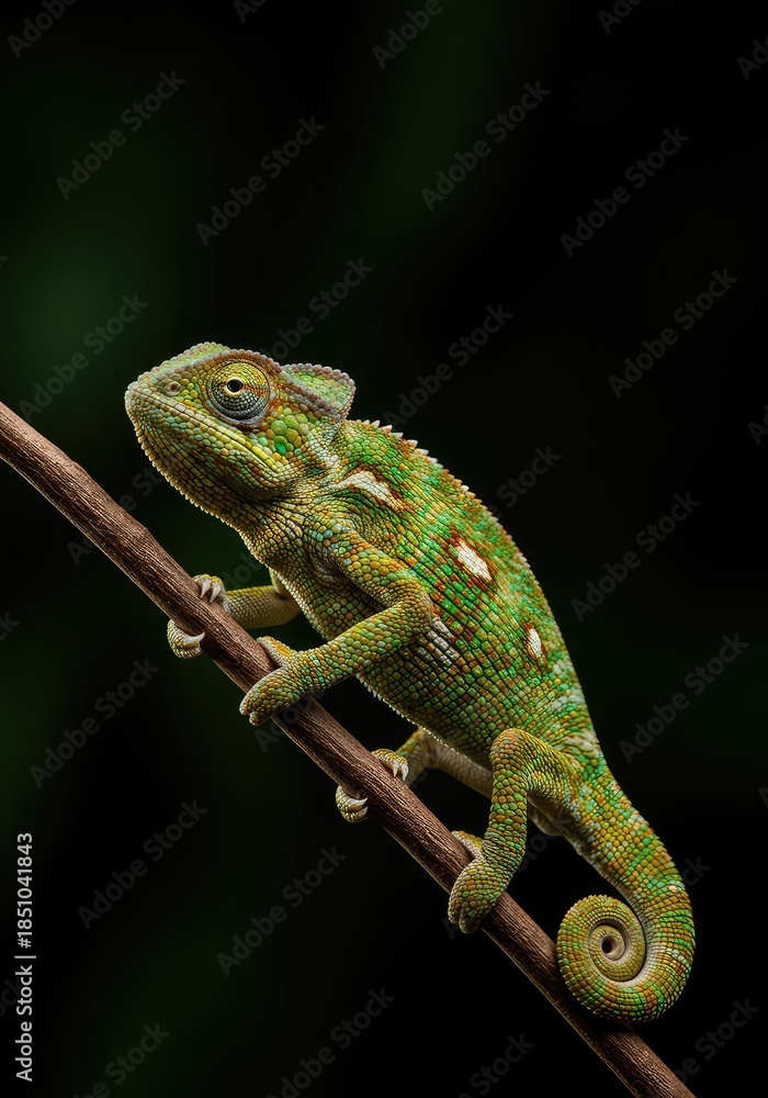 Obraz premium A vibrant tropical chameleon blending perfectly into its lush green background, demonstrating its remarkable camouflage ability in the wild ,creature ,close-up ,biology