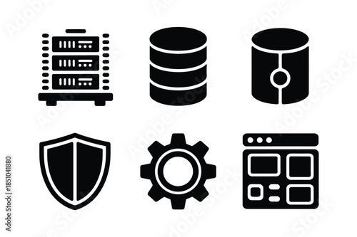 Web hosting and data security solid icons featuring server rack, database, shield, and system gear.