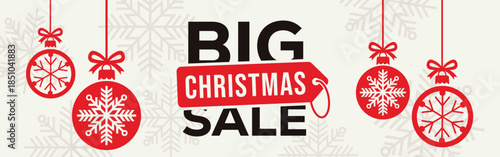 Elegant Christmas sale banner with white background, bold SALE typography and end of season text, decorated with red hanging snowflake baubles and subtle snowflake pattern, perfect for winter retail.