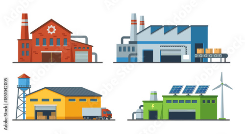 Industrial factory buildings producing, manufacturing and distributing goods