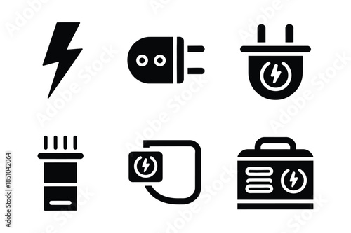 Electrical components and power source solid icons including charger, plug, battery, and generator.