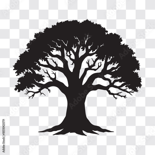 Ancient Oak Tree Silhouette – Wide Trunk and Spreading Branches in Dramatic Vector Style