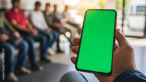 Wallpaper Mural Hand holding smartphone with vibrant green screen for customizable content in a bustling modern public waiting area, emphasizing digital connectivity and accessible information Torontodigital.ca