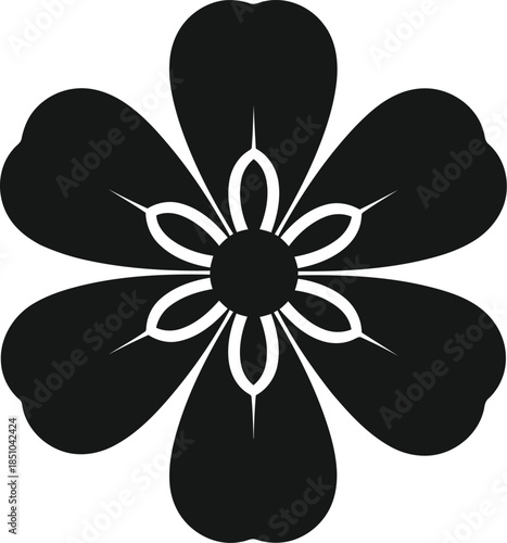 Stylized black flower icon with white accents, elegant floral design element on gradient