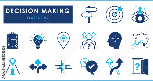 A set of flat icons related to decision-making. Decide, way, path, success, brain, innovative, idea, strategy, target, and so on.