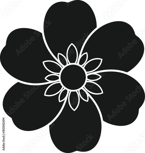 Stylized black flower with detailed petals and center on light background, graphic, modern, elegant