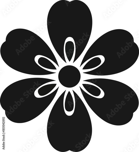 Elegant black flower icon with six heart-shaped petals and intricate inner details