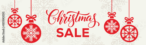 Elegant Christmas sale banner with white background, bold SALE typography and end of season text, decorated with red hanging snowflake baubles and subtle snowflake pattern, perfect for winter retail.