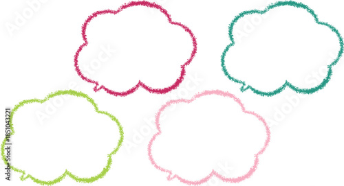 Colorful speech bubbles.  Each bubble has a "fuzzy" or "textured" outline, giving it a hand-drawn, crayon, or chalk-like appearance.　Each bubble features a different vibrant color.