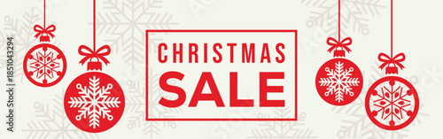 Elegant Christmas sale banner with white background, bold SALE typography and end of season text, decorated with red hanging snowflake baubles and subtle snowflake pattern, perfect for winter retail.