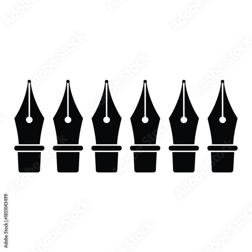 A row of six black fountain pen nibs displayed in a linear arrangement