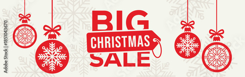 Elegant Christmas sale banner with white background, bold SALE typography and end of season text, decorated with red hanging snowflake baubles and subtle snowflake pattern, perfect for winter retail.