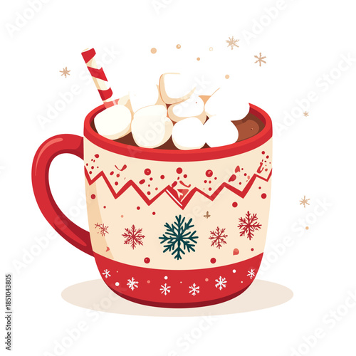 Cozy Christmas Mug with Hot Drink and Sweet Marshmallows Flat Design