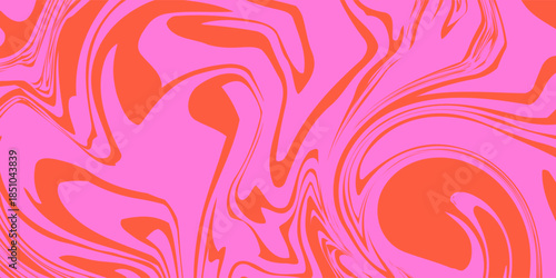 Groovy Waves Seamless Pattern. Psychedelic Curved Vector Background in 1970s Hippie Retro Style for Print on Textile, Wrapping Paper, Web Design and Social Media. Pink and Red Colors.