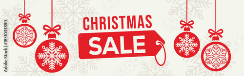 Elegant Christmas sale banner with white background, bold SALE typography and end of season text, decorated with red hanging snowflake baubles and subtle snowflake pattern, perfect for winter retail.