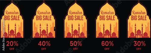 set of ramadan sale badges template with sale offer price signs for Ramadan big sale, perfect for ecommerce promotions social media ads banners posters and festive marketing designs.