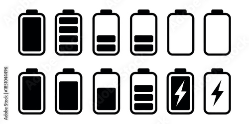 Battery Icons Set – Clean Black Vector Battery Charge and Power Level Indicators
