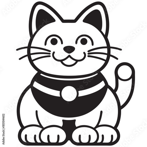 A simple black and white illustration depicts a cheerful maneki neko waving symbolizing good fortune and welcoming energy
