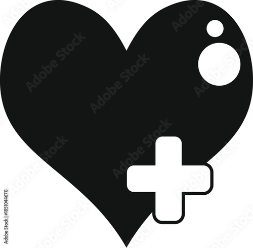 Black and white heart icon with a plus symbol representing health and medical adding