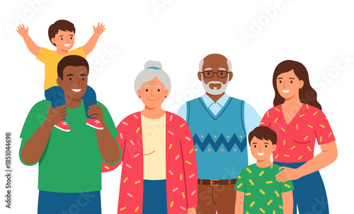 Multi ethnic family portrait showing three generations together