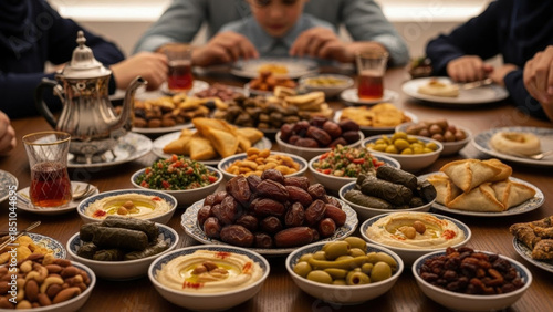 Family iftar table with traditional mezze
