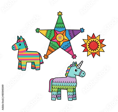 Colorful Mexican fiesta party pinatas collection design