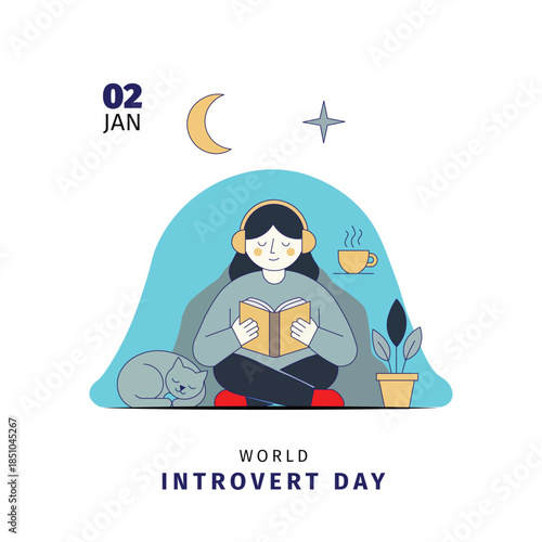 Minimalitsic 2D Flat Vector Illustration of an Introvert Girl seating inside reading a book with headphones on and a cat sleeping beside best poster for World Introvert Day
