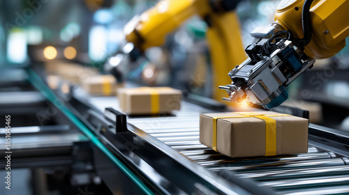 Robotic arms automatically sort and pack gift boxes, automated packaging operations, present wrapping automation, holiday product processing, mechanized sorting system, with copy space