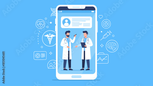 Illustration of two doctors consulting on a smartphone screen, surrounded by medical icons.