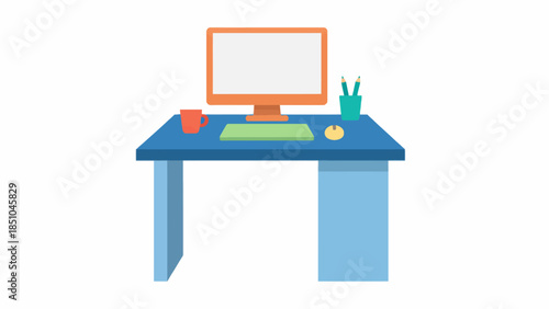 Flat design illustration of a colorful office desk with computer, keyboard, mouse, mug, and pen holder.