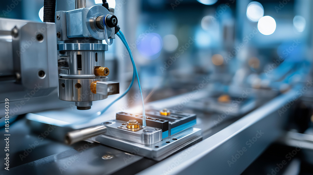 Fototapeta premium Mass production assembly line of electric vehicle battery cells closeup view, EV power storage manufacturing, automotive energy component production, clean technology fabrication, with copy space