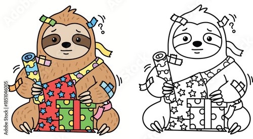 A charming vector design in color with a black and white outline for a coloring sheet and a humorous cartoon sloth straining to wrap a Christmas present coated in tape and paper