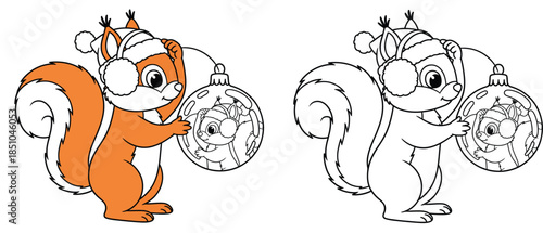 Cute cartoon squirrel with a Santa hat and earmuffs, holding a Christmas ornament with a reflection color vector artwork with a black and white outline for a coloring page
